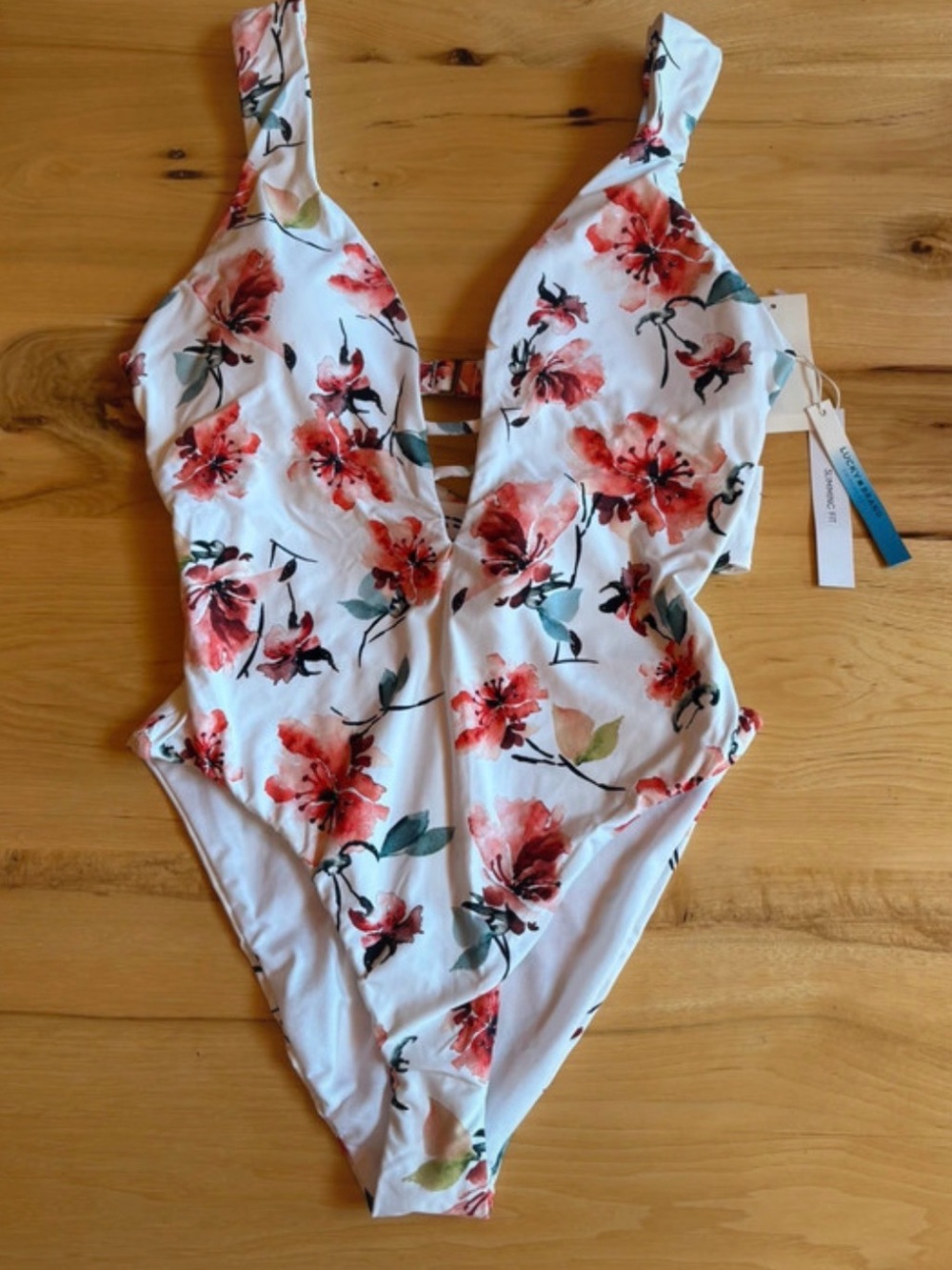 NWT Lucky Brand White One-Piece Swimsuit with Coral and Sage Floral Print Sz S